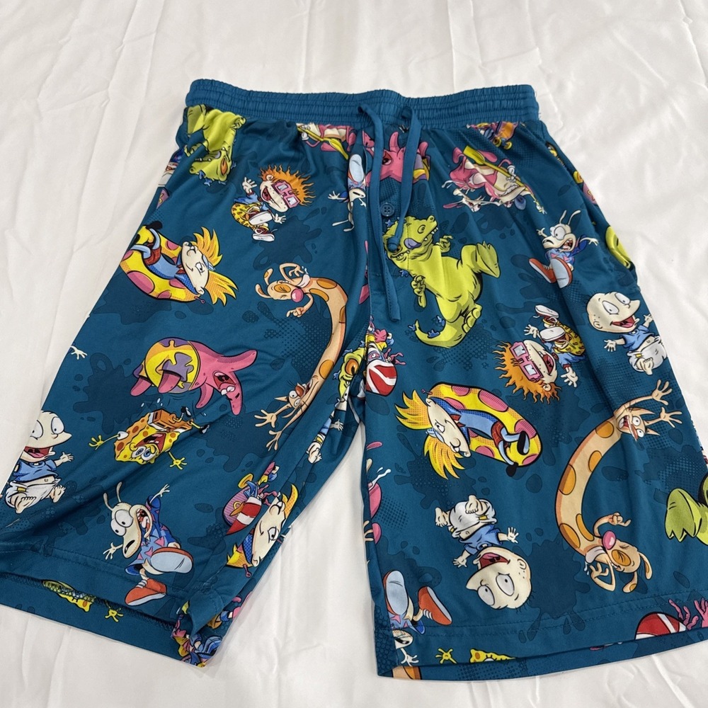 Nickelodeon 90's Cartoon Print Sleep Night Shorts Mens M Blue Sponge Bob Rugrats